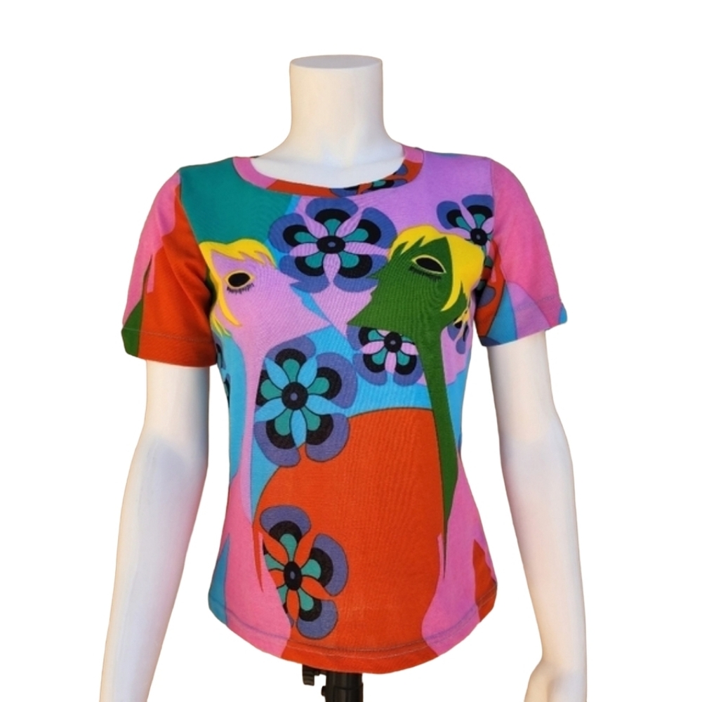 VINTAGE Floral Tee S Italy Paris Punk GoGo Retro Stretch Artsy Graphic - Picture 8 of 14